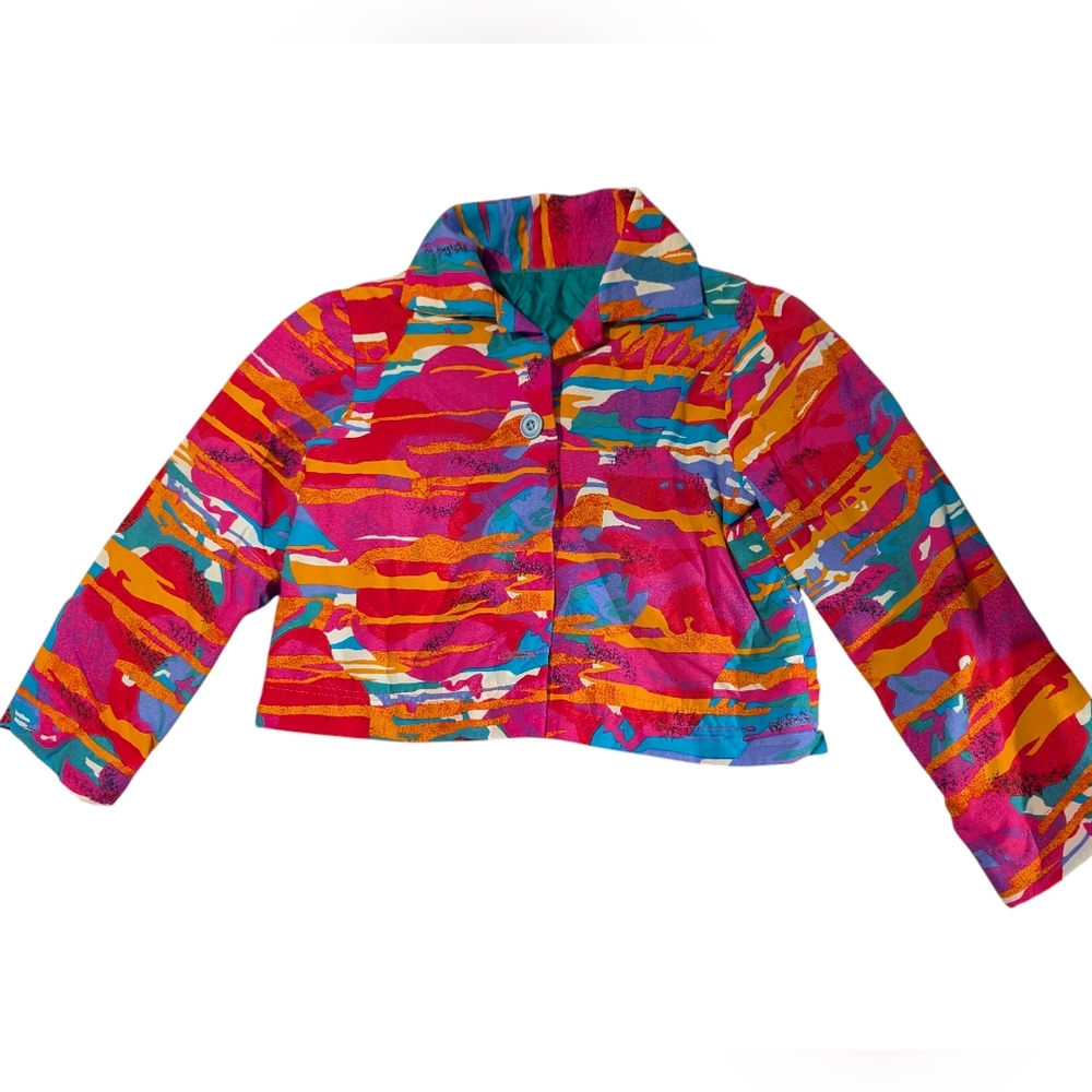 80s 90s Vintage Vibrant Abstract Multicolor Cropped Kids Jacket Neon‎
